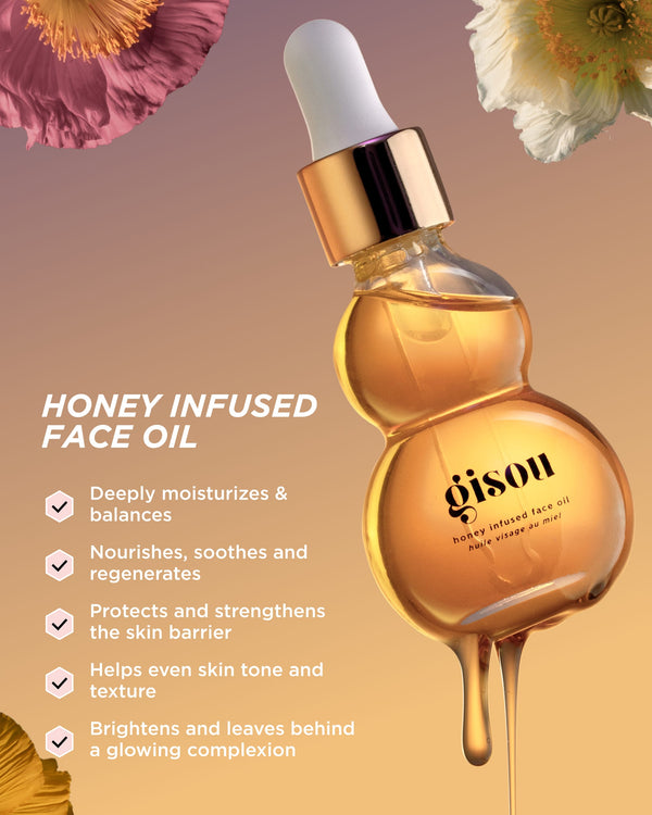 An infographic showing key benefits of Honey Infused Face Oil