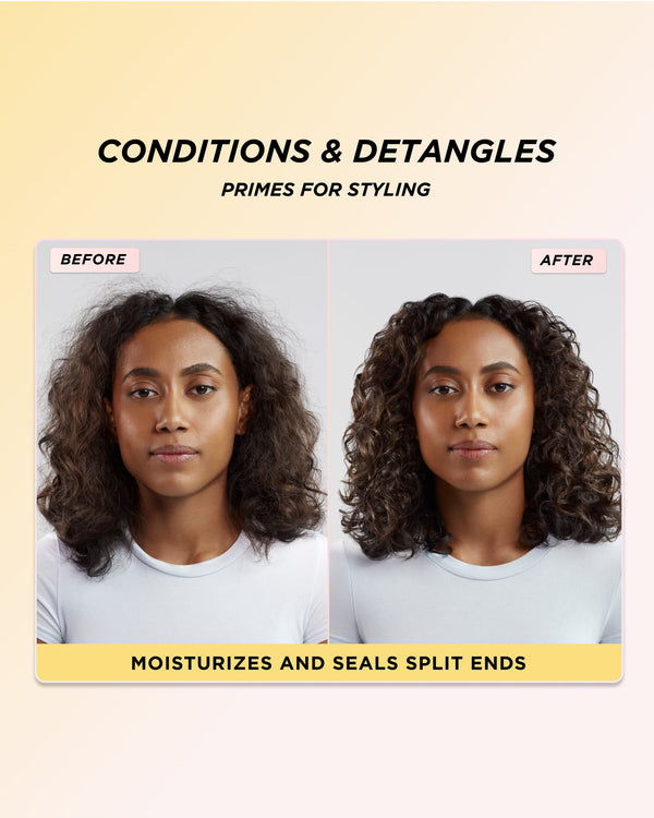 Infographic showing the images of curly hair before and after using Honey Infused Leave-in Conditioner